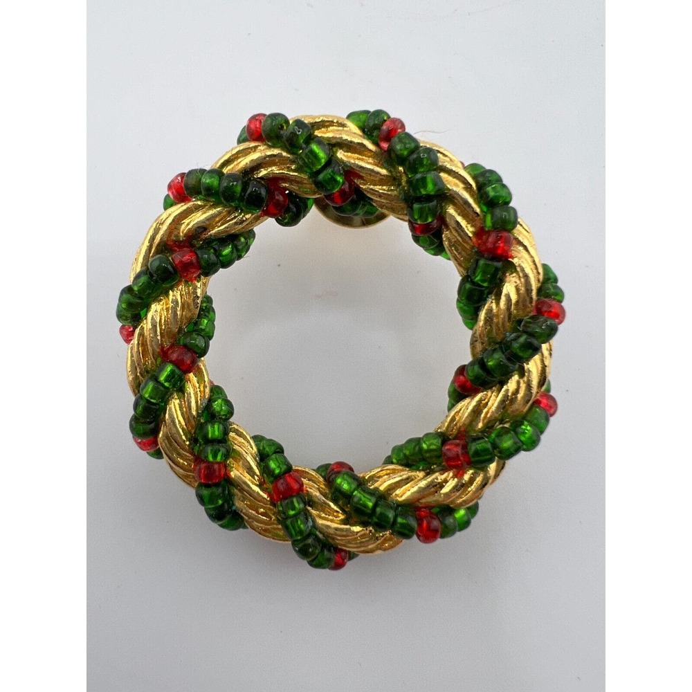 Vintage Green and Red Beads Gold Tone Christmas Wreath Pin